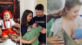 Bebês de 2021: Miguel em foto natalina; Otto com os pais dias após ter nascido; Lorena com os pais no dia do parto. Arquivos pessoais.